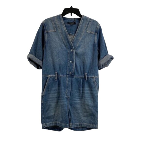 All Saints Women's Blue Denim Romper Short Sleeve Button Down Size 4 NWT - Picture 1 of 8